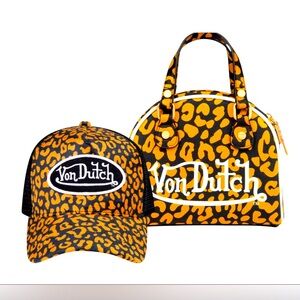 Von Dutch Leopard Print Hat and Bag Set - Orange and Black NWT